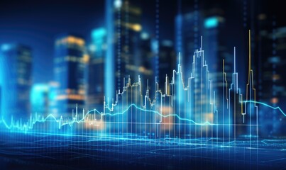 Glowing Blue Stock Market Graph with Digital Cityscape Background. Abstract Forex Chart, Financial Data, Market Summary, and Smart City Double Exposure