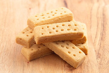 Classic Rectangular Butter Shortbread on a Wooden Kitchen Table
