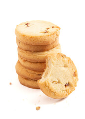 Sweet Round Pecan Butter Shortbread Cookies Isolated on a White Background