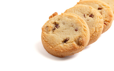 Sweet Round Pecan Butter Shortbread Cookies Isolated on a White Background