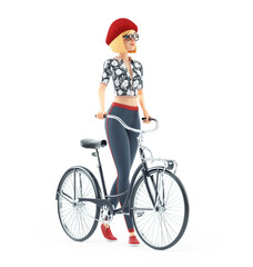 3d fashion girl walking next to bicycle