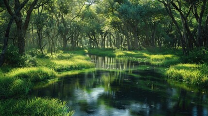 Woods covering the green banks of a river