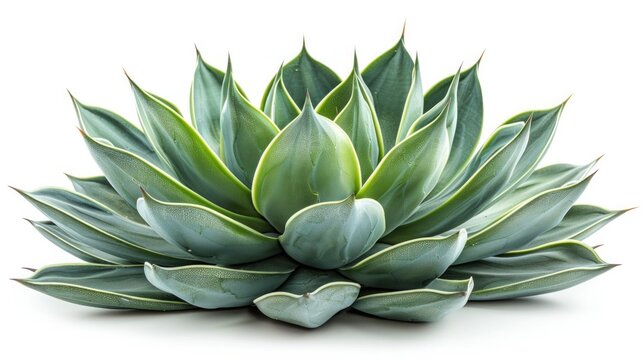 Green agave leaves with white background. Green thorned agave close-up.