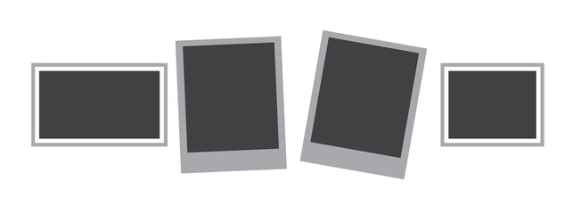 Realistic Polaroid empty photo card frame, film set. Retro vintage photograph with transparent adhesive tape and paper clip. Digital snapshot image.Vector Illustratios on transparent background.