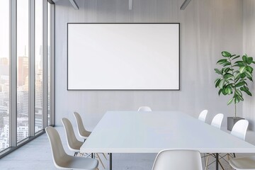 A mockup of a horizontal screen in a conference room with light grey walls, a white table, and chairs around the table