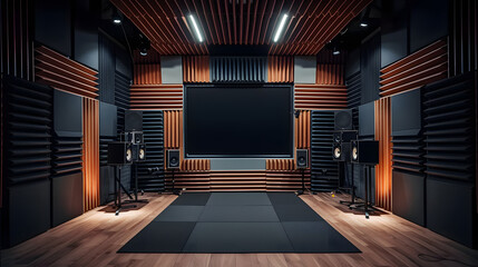 Modern music studio with soundproof walls bright lights and comfortable equipment. Concept Music Production, Soundproof Walls, Bright Lights, Comfortable Equipment, Modern Studio