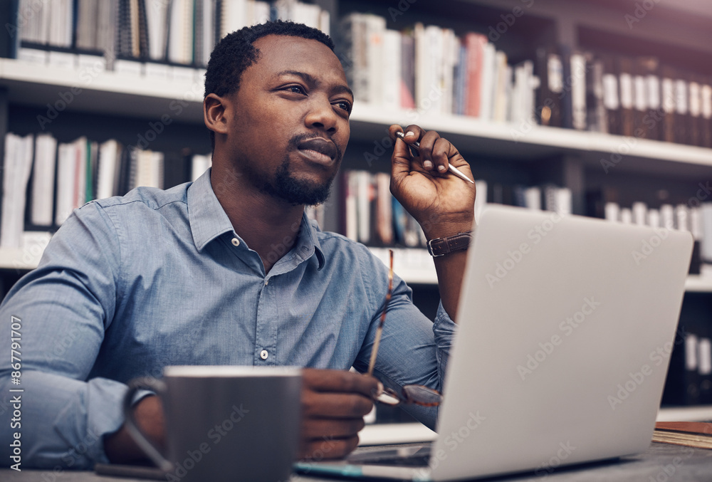 Poster black man, thinking and laptop in office with research, online project and email notification. afric