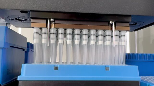 laboratory automated liquid handling system, robotic arm with multiple pipette tips above a tray of microtiter plates. technology in scientific research and testing. modern laboratory automation.