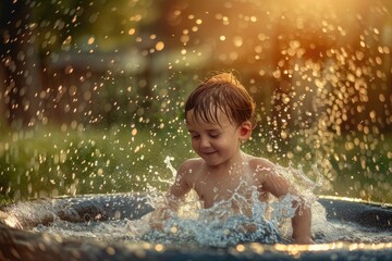 Obraz premium A young child plays in a pool of water, splashing and laughing in the warm summer sun. The water sparkles with sunlight, creating a joyful atmosphere
