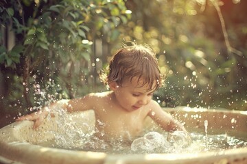 A young child splashes around in a tub of water, enjoying a sunny afternoon