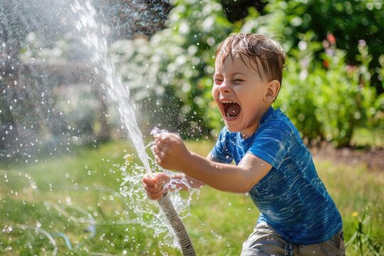 A young boy laughs with delight as he holds a garden hose, spraying water high in the air. The sun shines brightly, and the green grass is a vibrant backdrop