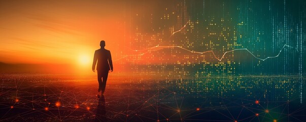 A silhouetted figure walks towards a sunset overlaid with digital graphs and network connections