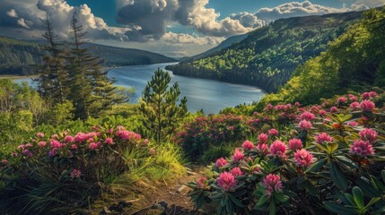 Mountain blooms with Rhododendron myrtifolium overlooking a mountain lake