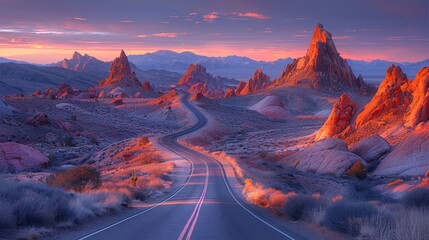 Obraz premium Sunset Road Through Majestic Red Rock Mountains - Generative AI
