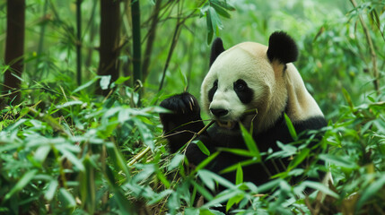 Fototapeta premium A panda eating bamboo in a forest