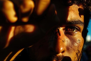 A close-up shot of a mans face, bathed in warm sunlight, with his hand shielding his eyes
