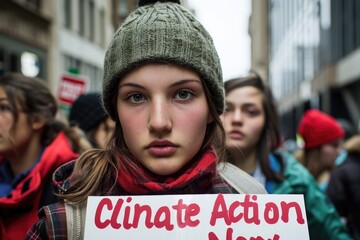 A young woman holds a sign that reads Climate Action Now during a protest in New York City. The image captures the urgency and determination of young people advocating for environmental change