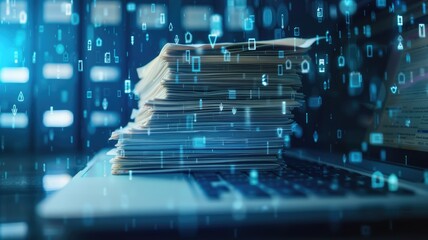 Stack of financial document paper management or marketing customer data arrangement with blue filter color. Close up of paperwork or customer information. Innovation and technology concept. AIG53F.