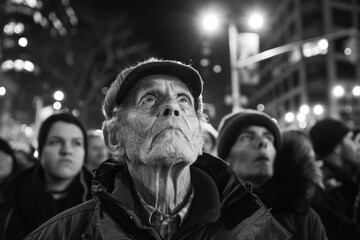 Obraz premium A man in a cap gazes upwards, his face illuminated by the city lights. He is surrounded by a crowd of people, also looking up