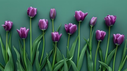 Fototapeta premium Purple tulips on green background with copy space for International Women s Day