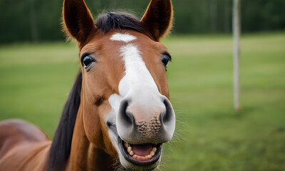 Obraz premium Beautiful brown horse smiling on a green field