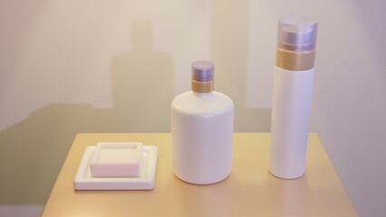 Mockup de Produtos cosméticos sabonete, creme e garrafa spray