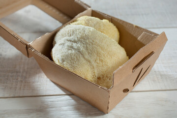 A view of a package of lion's mane mushroom.