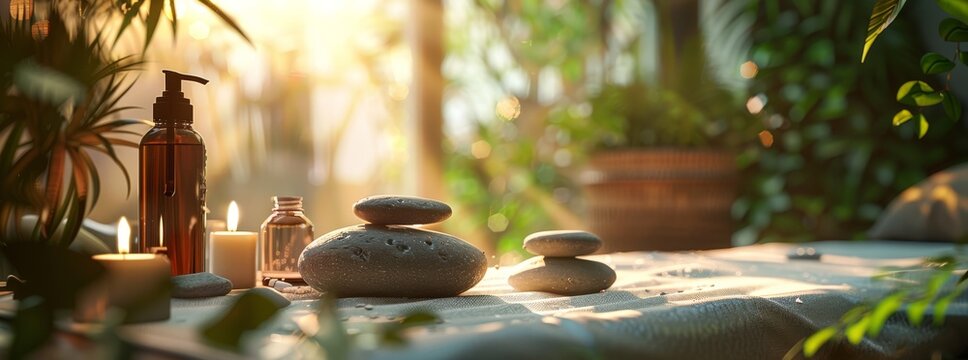 A serene spa with candles, stones, greenery, creating a tranquil ambiance for relaxation and rejuvenation