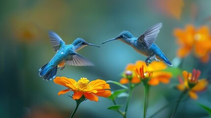 Fototapeta premium Two Blue Hummingbirds Hovering Over Orange Flowers