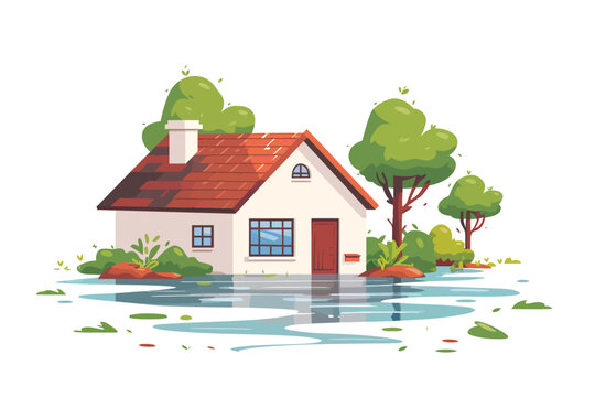 house flooded, red roof, green trees, water
