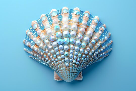 sea shell bedazzled with many blue shiny jewel crystals completely covering the shell on a pastel blue solid color background