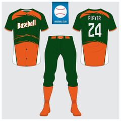 Baseball uniform or baseball jersey mock up. Sportswear, t-shirt sport, short, sock template. Front and back view baseball kit. Flat baseball logo on blue label. 
