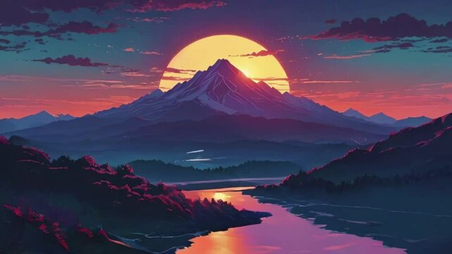 A tranquil scene of the sun rising over a mountain range, with soft pastel colors and gentle rays of light, lo-fi beat plays Music background, night love rain passion overlay zoom OBS, anime chill hip