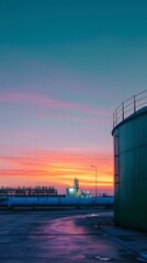 Obraz premium A large, cylindrical natural gas tank stands silhouetted against a vibrant sunset sky, with an industrial complex visible in the background