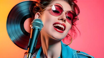 Retro Singer Vinyl Record Microphone Fashion Sunglasses Joyful Expression Music Entertainment