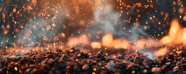 A detailed shot of burning embers and bright flames with numerous sparks flying around, capturing the lively and intense nature of a fire in exquisite detail.