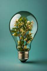 Un bulbe lumineux écologique, combinant plante et technologie, symbolise l'innovation verte et l'énergie durable, une idée brillante pour l'environnement.