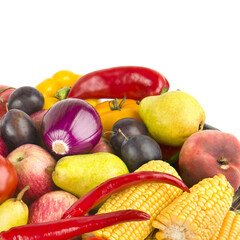 Collection fruits and vegetables isolated on a white. Free space for text.