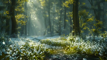 lily of the valley field in the lush green forest 
