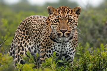 Obraz premium A determined leopard stares directly at the camera amidst thick green bushes. The close-up view highlights the animal's fierce expression and intricate coat pattern.