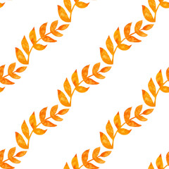 Seamless pattern of yellow twig leaves painted with watercolors on a white background. Hand painted  watercolor floral elements. Drawn Botanical. For fabric, sketchbook, wallpaper, wrapping paper.