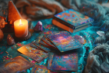 A beautiful table decorated for tarot card reading