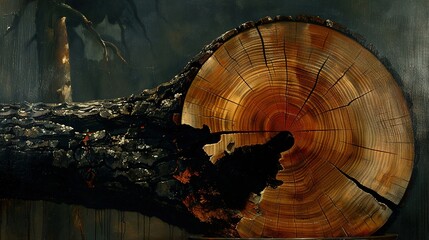  A massive wooden plank rests on a table beside a log of firewood, and a knife protrudes from it