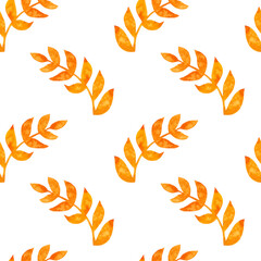 Seamless pattern of yellow twig leaves painted with watercolors on a white background. For fabric, sketchbook, wallpaper, wrapping paper. Hand painted floral elements. Drawn Botanical. watercolor 