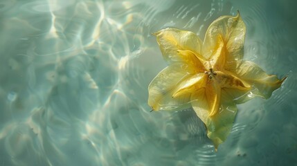 starfruit partially submerged in clear water, the refraction creating a surreal, dreamy effect