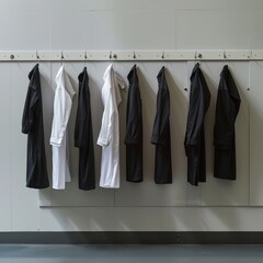 school uniforms hanging neatly on a row of coat hooks in a changing room, each set representing different sizes and styles, symbolizing inclusivity and equality in education