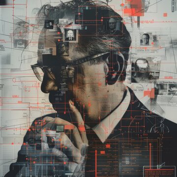 digital montage of evidence and intelligence documents related to the espionage case, overlaid with a portrait of the professor in contemplation, symbolizing the complex web of surveillance