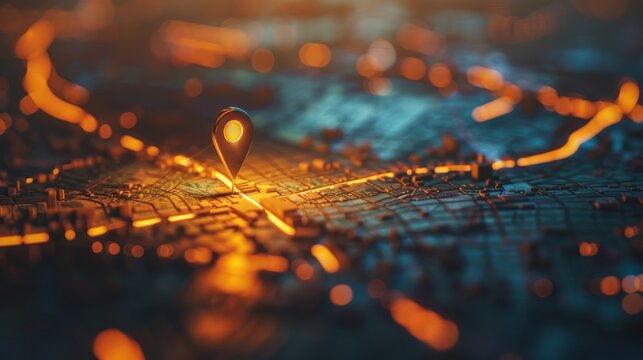 map with a pin marking a precise location, the map illuminated with soft directional light to emphasize the pinpoint accuracy and navigation theme, evoking exploration and geographic precision