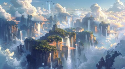 Floating islands with waterfalls cascading down into a sky filled with clouds.
