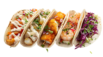  Grilled fish taco, battered fish taco, and shrimp taco, arranged distinctly on a bright white surface